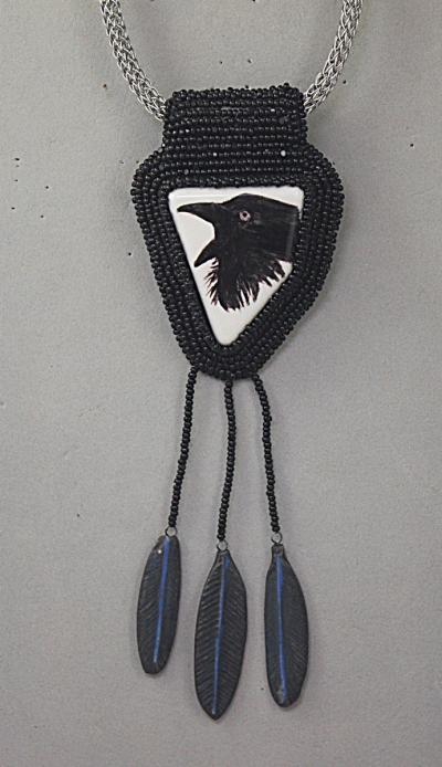 Beaded Raven Pendant with viking knit chain