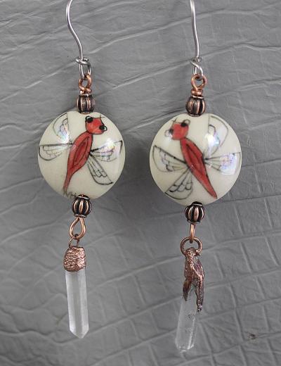 Dragonfly- Hand Painted Earrings - with crystal